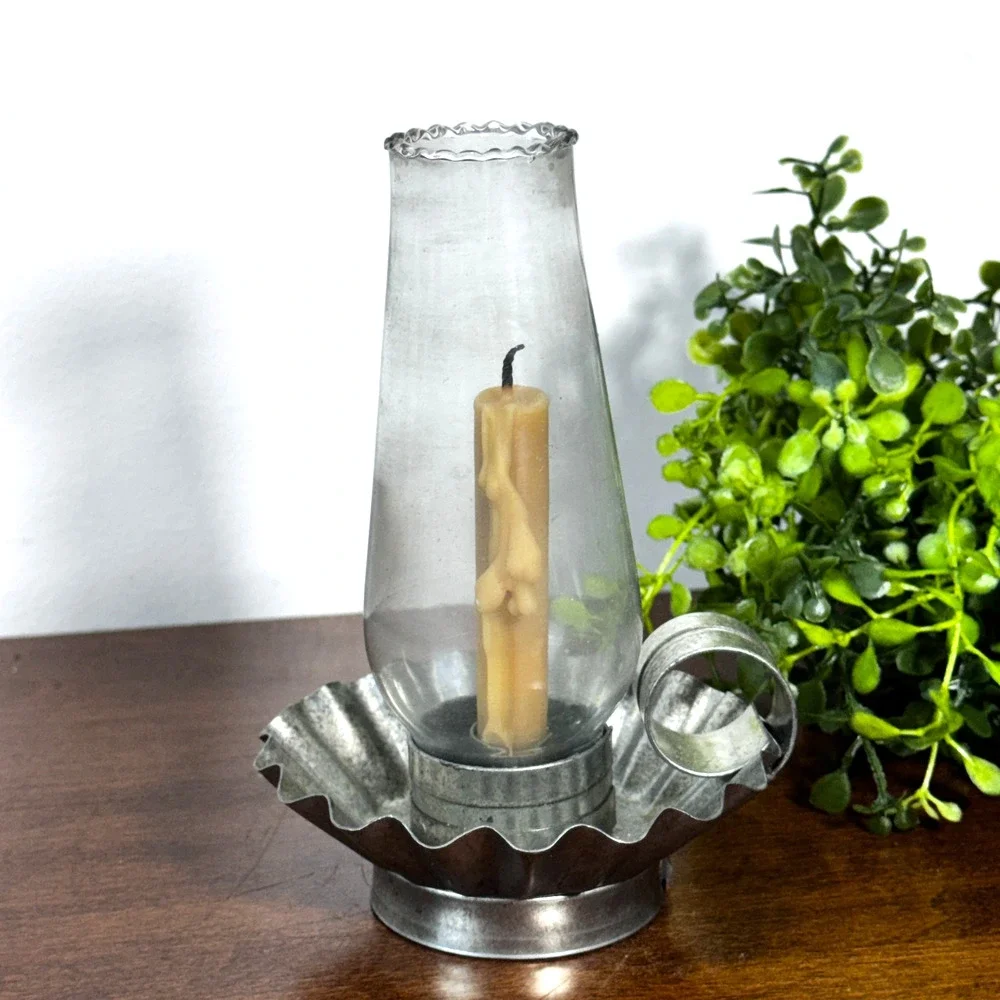 Vintage Primitive Tin Candle Holder Glass Chimney Taper Candle Farmhouse